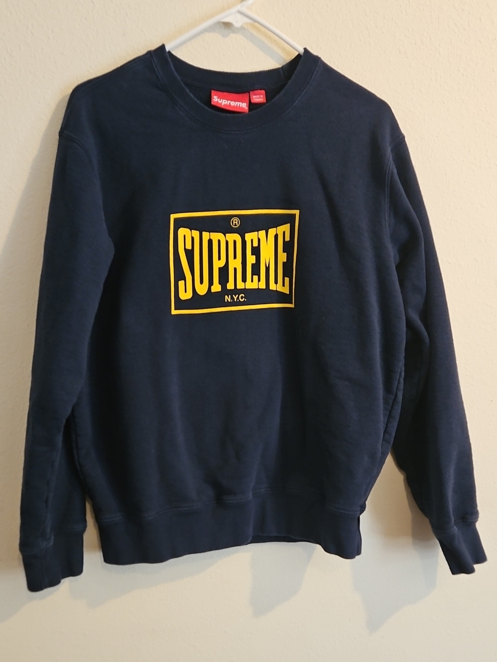 Supreme Navy Crewneck Sweatshirt with Yellow Logo Box